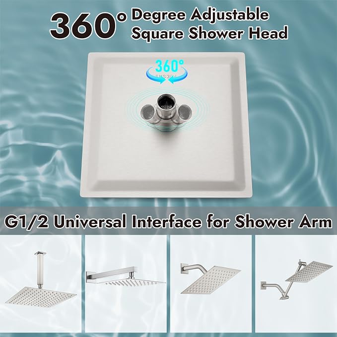 Midanya Square Rain Shower Head,High Pressure,Brushed Nickel 8 Inch | 360°Swivel,Ceiling or Wall Mount,Waterfall Full Body Coverage,Bathroom Remodel,Stainless Steel Large Rainfall Shower Head
