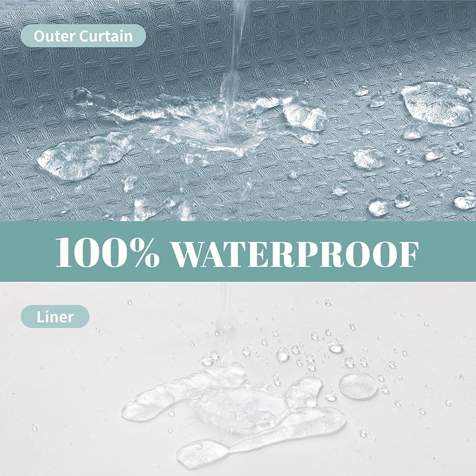 eachope No Hook Waffle Shower Curtain with Snap-in Liner, 71x77 Inch, Teal | 230 GSM waffle weave fabric, waterproof liner set with 2 bottom magnets, mesh top window, washable, for bathroom or hotel use