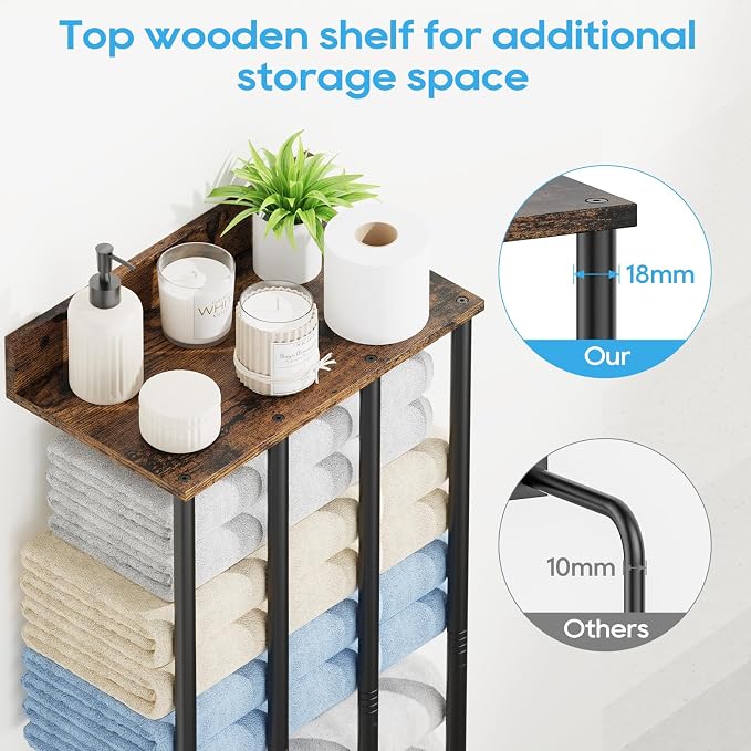 Wall Mounted 4-Bar Towel Rack with Wooden Shelf, Bathroom Storage Holder | Large Bathroom Towel Storage Rack for Rolled Towels, Farmhouse Metal Towel Organizer Shelf with Wooden Storage Shelf