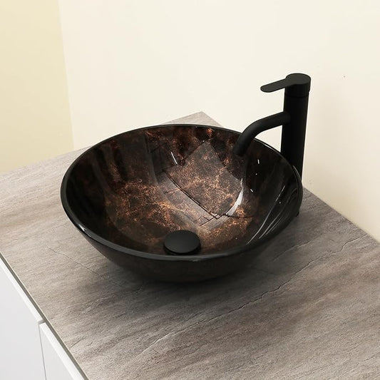 Logmey 16" Glass Bathroom Vessel Sink Vanity Countertop Round Bowl with Black Faucet and Chrome Pop up Drain Set,Glass Art Basin,Dark Bronze