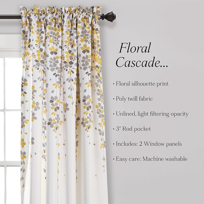 Lush Decor Weeping Flower Light Filtering Window Curtain Panels, Pair, 52"W x 108"L + 2" Header, Yellow & Gray - Charming Modern Floral Curtains for Living Room, Dining Room, & Bedroom