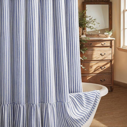 Farmhouse Shower Curtain Ruffle Linen White-Blue Stripe 72"W x 72"L | Farmhouse Boho, Striped, Bottom Ruffle, Cotton Fabric, Rustic, Country, Natural Look, Washable, for Bathroom Bathtub