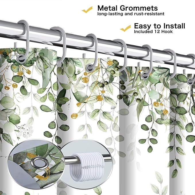 Sage Green Eucalyptus Leaves Shower Curtain, Watercolor Plants Foliage Floral Bathroom Curtains, Cottagecore Waterproof Botanical Fabric Cloth Long Shower Curtain with Hooks 72X75 Inch
