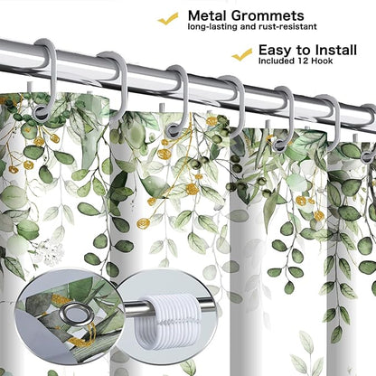 Sage Green Eucalyptus Leaves Shower Curtain, Watercolor Plants Foliage Floral Bathroom Curtains, Cottagecore Waterproof Botanical Fabric Cloth Shower Curtain Set with Hooks 72X72 Inch