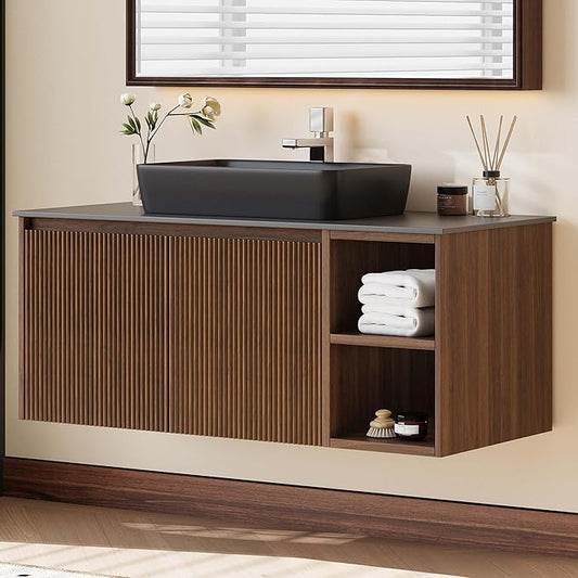 36" Modern Floating Bathroom Vanity with Single Sink - Wall Mounted Storage Bathroom Cabinet with Black Sintered Stone Countertop| Large Storage Space & Open Shelves, Dark Wood
