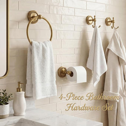 4 Pcs Antique Brass Gold Bathroom Accessories Set, Towel Ring, Toilet Paper Holder & Robe Hooks, Wall Mounted Brushed Solid Brass with Vintage Finish for Bathroom Decor Hardware Fixture Set