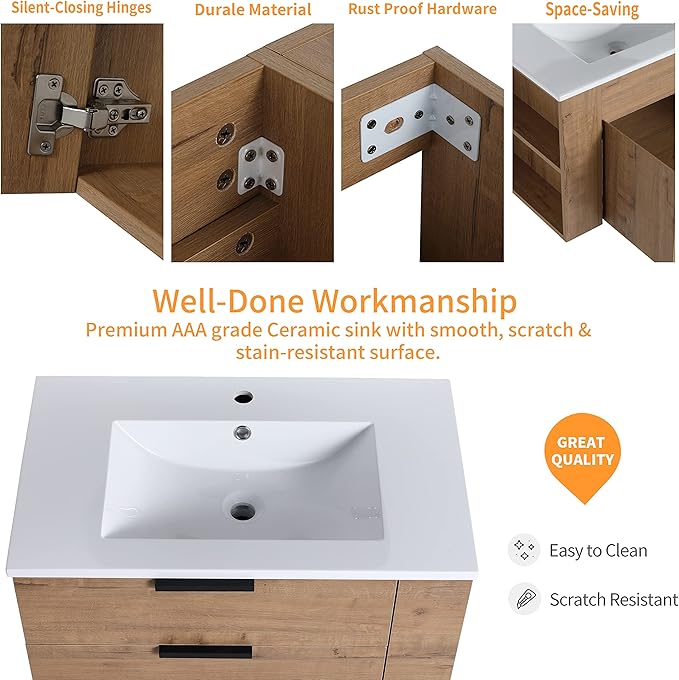 30 in Wall-Mounted Bathroom Vanity with Sink Combo, Modern Floating Bathroom Vanity Set with Ceramic Top Basin and 2 Door&Adjustable Shelf for Small Space, Brown