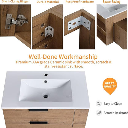 30 in Wall-Mounted Bathroom Vanity with Sink Combo, Modern Floating Bathroom Vanity Set with Ceramic Top Basin and 2 Door&Adjustable Shelf for Small Space, Brown
