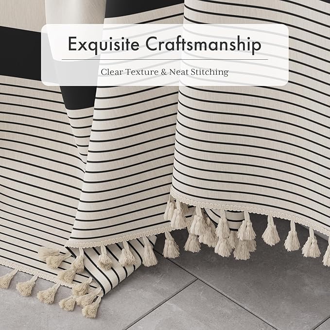 AmazerBath Boho Shower Curtain, Modern Farmhouse Shower Curtain Set with Tassels, Rustic Faux Linen Black Striped Shower Curtain with Hooks, Light Tan Toned, 72x72 Inches