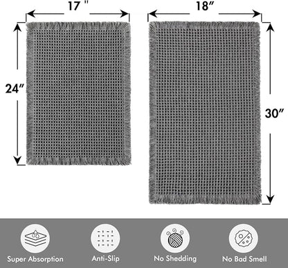 MIULEE Set of 2 Waffle Bathroom Rugs Dark Grey Bath Mat 17"x24"+18"x30" | Non Slip, Super Absorbent, Washable, Ultra Soft, Rubber Backed, Small Boho Bath Rugs for Bathroom Floor Tub Shower