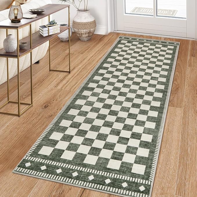 Garvee Washable 2x6 Runner Rug Checkered Sage Green Non Slip Kitchen Rugs | Low Pile Entryway Rug Soft Bathroom Rugs Stain Resistant Carpet for Bedroom Hallway Laundry 2'x6' Sage Green