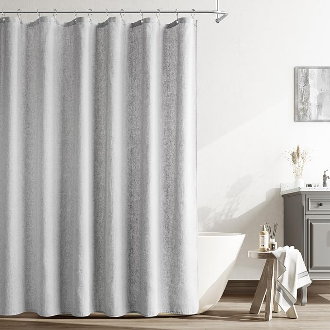Light Grey Linen Shower Curtain, Cloth Textured Fabric Shower Curtain Set with Hooks, Simple Elegant Modern Farmhouse Country Ultra Thick Bath Curtains for Bathroom,Water Repellent,72x80