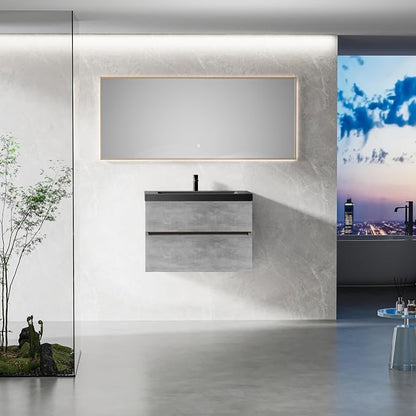 30" Floating Bathroom Vanity with Sink, Modern Wall-Mounted Bathroom Storage Vanity Cabinet with Two Black Quartz Sand Top Basins and Four Soft Close Drawers, Cement Grey
