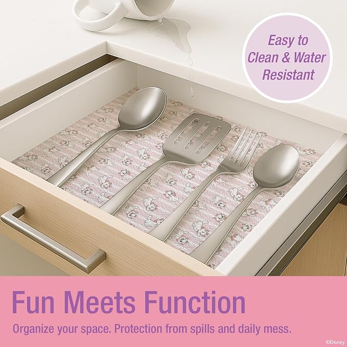 Disney Aristocats Non-Adhesive Shelf Liner, 18" x10', Non-Slip | Water and stain resistant, repositions without damage, cuts to fit, wipes clean, ideal for kitchen, pantry, fridge, or bath