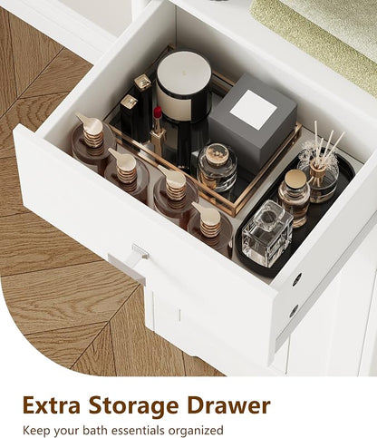 Akxomel 67" H Narrow Tall Bathroom Cabinet with 2 Doors and Storage Drawer | Floor Cabinet with Adjustable Shelves, Anti-Tip Design, 11.0 x 12.6 x 66.9 Inches, for Bathroom, Kitchen，Entryway, White
