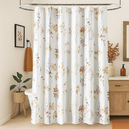Shower Curtain for Bathroom,Terracotta Rust Burnt Orange Color Fabric Boho Farmhouse Rustic Floral Leaves Theme Shower Curtains Set with Hooks,72x72 Inch