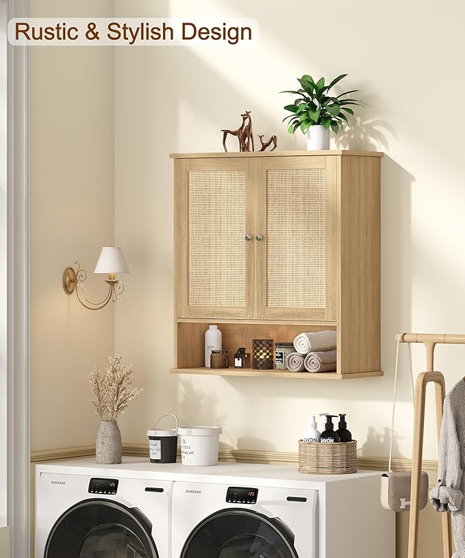 27.6" H Bathroom Wall Cabinet, Modern Medicine Cabinet with Adjustable Shelf & 2 Rattan Doors, Large Over The Toilet Storage Cabinet for Kitchen, Laundry, Living Room, Natural Oak