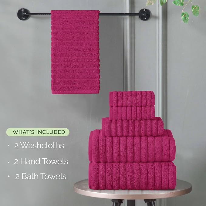Elegant Comfort 100% Turkish Cotton Corduroy Ribbed Luxury Bath Towels 6-Piece Set, Premium Feel - Quick Dry, Highly Absorbent, Contains 2 Bath Towels, 2 Hand Towels, and 2 Washcloths, Hot Pink