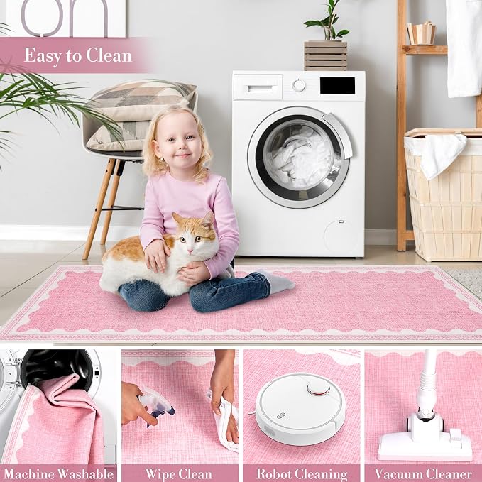 Garvee Modern Bordered Rugs for Living Room 8x10 Large Washable Rug Pink | Non Slip Low Pile Soft Carpet Foldable Non Shedding Stain Resistant Floor Cover for Bedroom Playroom Nursery Office Dorm