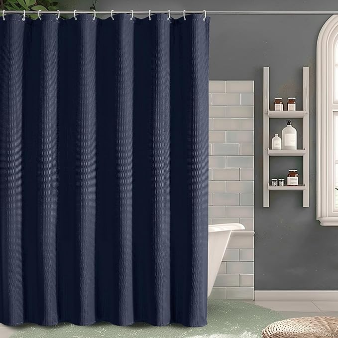 OVZME Long Fabric Shower Curtain Set, Waffle Textured Shower Curtain for Bathroom - Weight 230GSM Heavy Duty Hotel Spa Luxury Bath Curtain Set with 12 Plastic Hooks, 72x78, Navy Blue