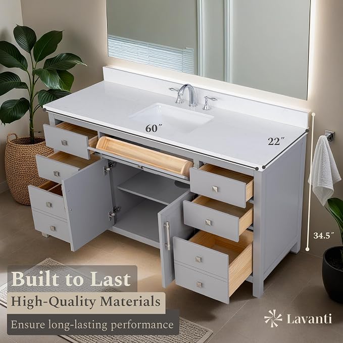 Lavanti Oakford 60 Inch Bathroom Vanity with Sink – Stylish Grey Vanity Bathroom with Storage Cabinet – Modern Bathroom Vanities with Single Vanity Sink & Quartz Countertop