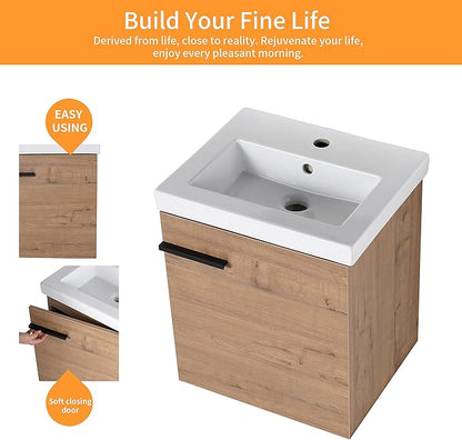 18 Inch Bathroom Vanity with Sink,Wall Mounted Bathroom Vanity Sink Combo with 1 Soft Close Door for Small Space,Modern Floating Bathroom Vanities with Top Basin&Brown Storage Cabinet