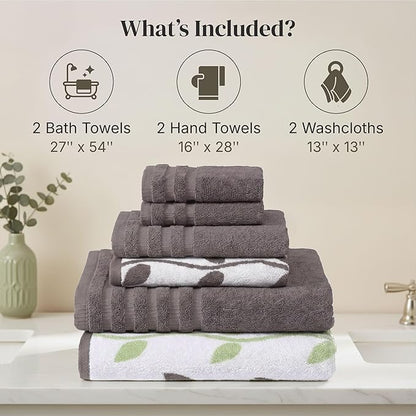 Modern Threads Natural Vine 6-Piece 100% Cotton Towel Set – Yarn Dyed Jacquard – Includes 2 Bath Towels, 2 Hand Towels, 2 Washcloths – Absorbent, Quick Dry, Soft & Durable – Gray