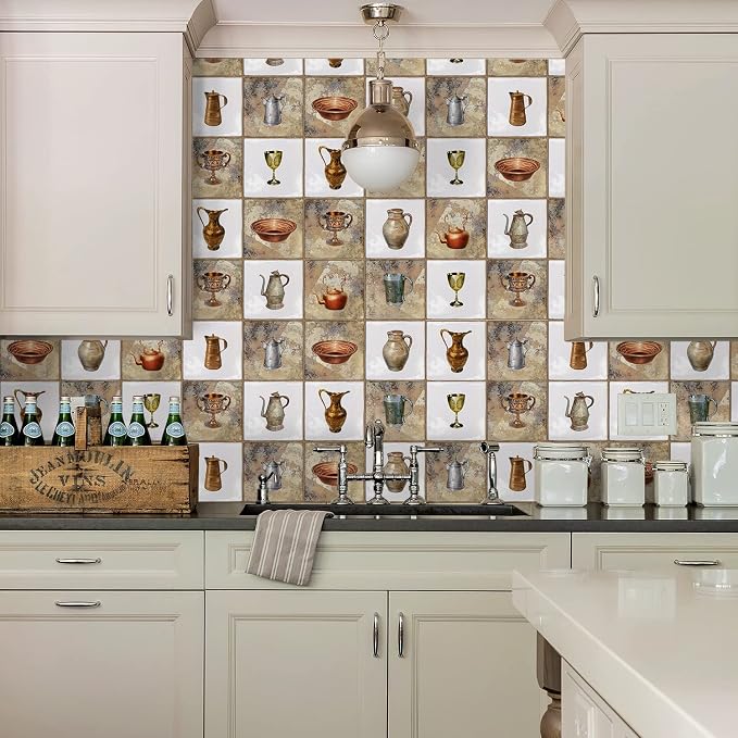 Alwayspon Vinyl Sticker Peel and Stick, Self-Adhesive Wall Tile Transfers Backsplash Sticker Decal for Kitchen Bathroom, 6x6inch/15x15cm 10Pcs, Pots T043