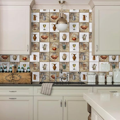 Alwayspon Vinyl Sticker Peel and Stick, Self-Adhesive Wall Tile Transfers Backsplash Sticker Decal for Kitchen Bathroom, 6x6inch/15x15cm 10Pcs, Pots T043
