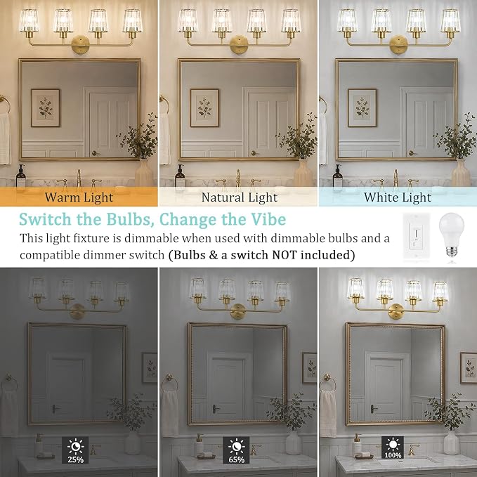 Brushed Gold Vanity Lights, 4-Light Crystal Bathroom Light Fixtures | Modern Bathroom Vanity Light E26 Wall Light over Mirror (Exclude Bulb)
