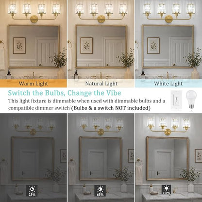 Brushed Gold Vanity Lights, 4-Light Crystal Bathroom Light Fixtures | Modern Bathroom Vanity Light E26 Wall Light over Mirror (Exclude Bulb)
