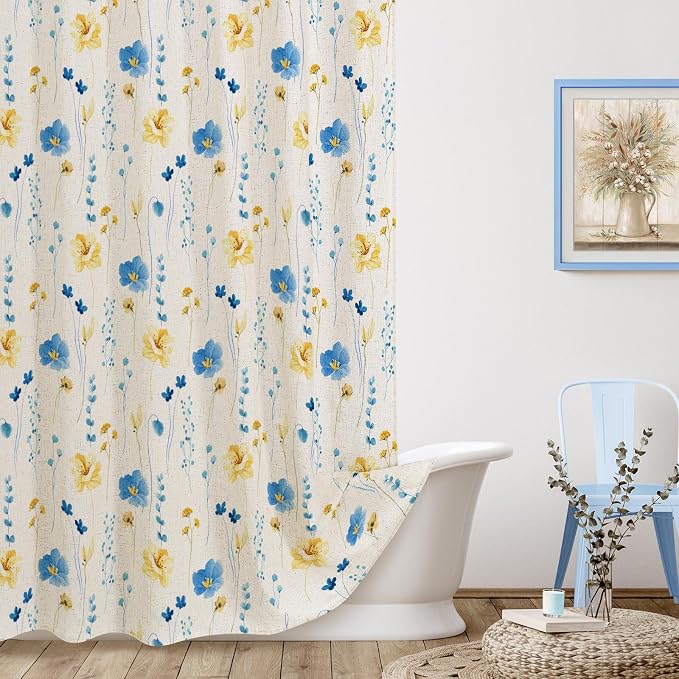 BlueYellow Linen Watercolor Floral Fabric Shower Curtain, 72x72 | Linen Fabric, Modern Minimalist Floral Print, Machine Washable, Rustproof Grommets, for Bathroom Home