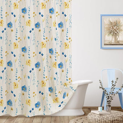 BlueYellow Linen Watercolor Floral Fabric Shower Curtain, 72x72 | Linen Fabric, Modern Minimalist Floral Print, Machine Washable, Rustproof Grommets, for Bathroom Home