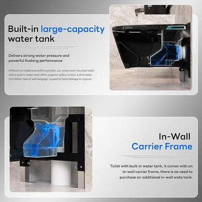 Black Smart Wall Hung Toilet Combo,Auto Flush, Auto Open/Close LId,Heated Seat,Warm Water/Dryer, Modern Elongated Bidet Toilet with In wall Carrier (No need to buy an additional Water Tank)