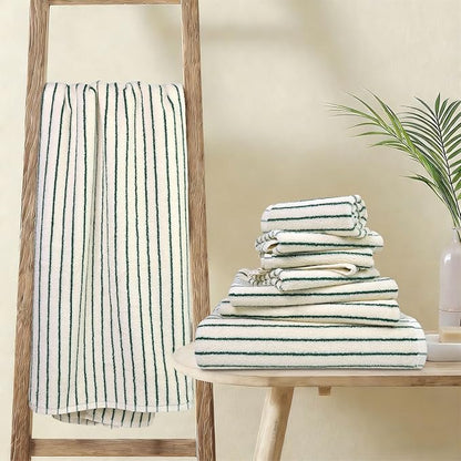 8 Piece Green Towel Set, Super Soft & Absorbent Cotton Striped Towels | for Bathroom Decor, 2 Bath, 2 Hand, 4 Washcloths