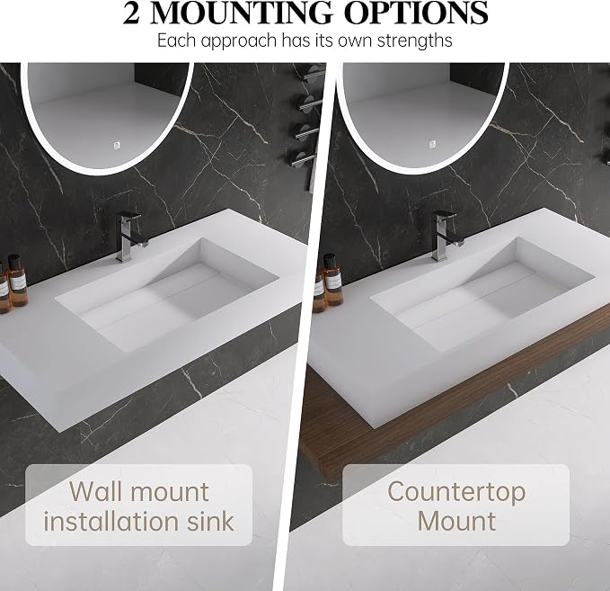 42" x 18" Wall Mount Sink, Stone Resin Rectangular Bathroom Sink | Modern Floating Vessel Sinks for Vanity, Art Basin Trough, Durable and Stylish Bathroom Sinks for Modern Homes, White