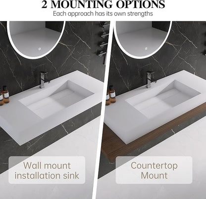 42" x 18" Wall Mount Sink, Stone Resin Rectangular Bathroom Sink | Modern Floating Vessel Sinks for Vanity, Art Basin Trough, Durable and Stylish Bathroom Sinks for Modern Homes, White