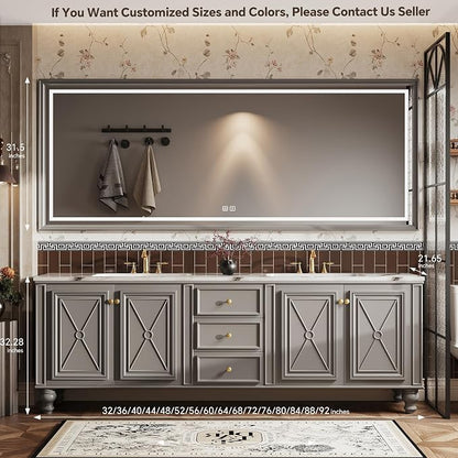 Double Sink Bathroom Vanity, Luxurious Bathroom Vanity with LED Smart Defog Mirror, Solid Freestanding Wood Vanity Sink Cabinet