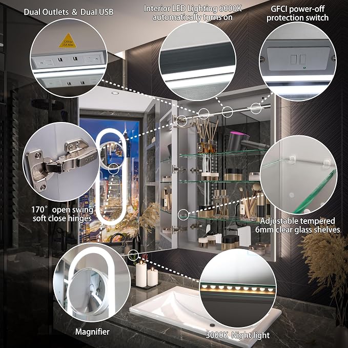 24x36 Medicine Cabinet with Lights & Magnifier & Mirrors, GFCI Outlet, Soft-closed Hinges, Front&Backlit, Anti-Fog, Dimmable&Tunable, Sensor Lights, Recessed/Surface, Adjustable Shelves, Left-handed