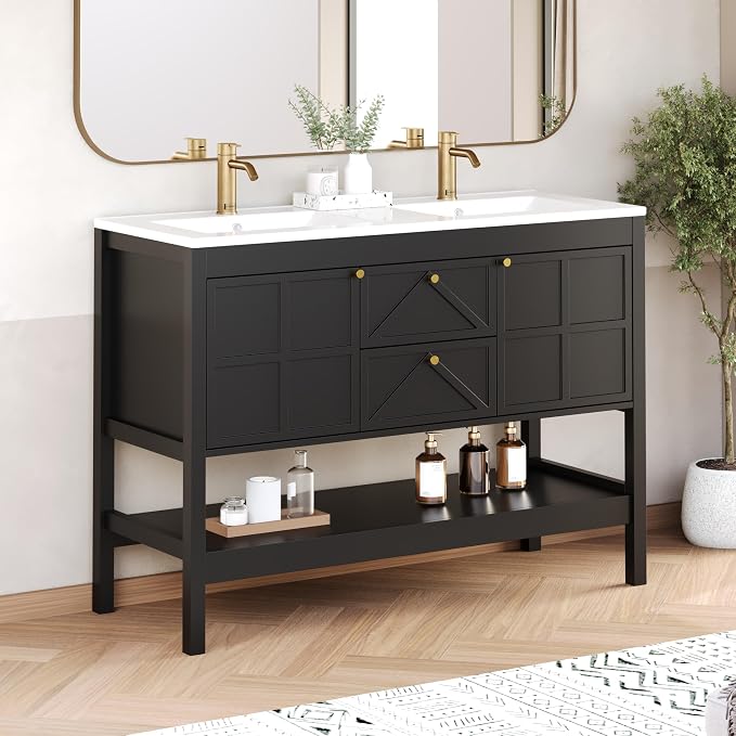 Bathroom Vanity with Double Sink Set, 48 Inch Pedestal Sink Storage Cabinet with 2 Drawers & 2 Doors, Mid-Century Modern Bathroom Vanity with Open Bottom Shelf, Black