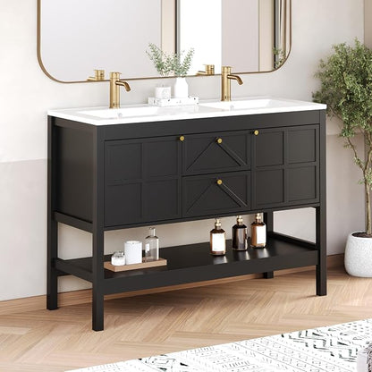 Bathroom Vanity with Double Sink Set, 48 Inch Pedestal Sink Storage Cabinet with 2 Drawers & 2 Doors, Mid-Century Modern Bathroom Vanity with Open Bottom Shelf, Black