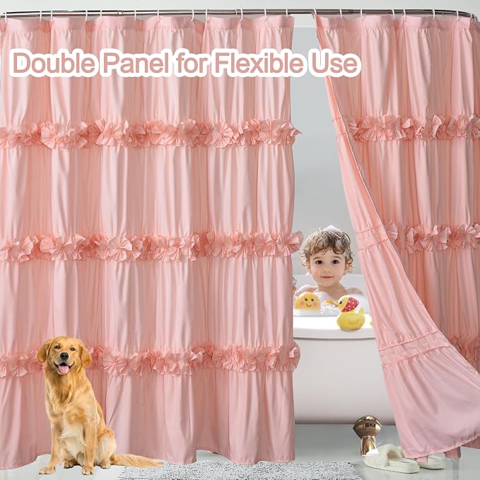 Homechoice Decor 2-Piece Peach Shower Curtain Set, Soft Fabric Double Panels for Easy Access, Cozy Brushed Texture, Ruffle Design, Everyday Bathroom Décor, 72" W x 96" H x 2 Panels (LQ-44)