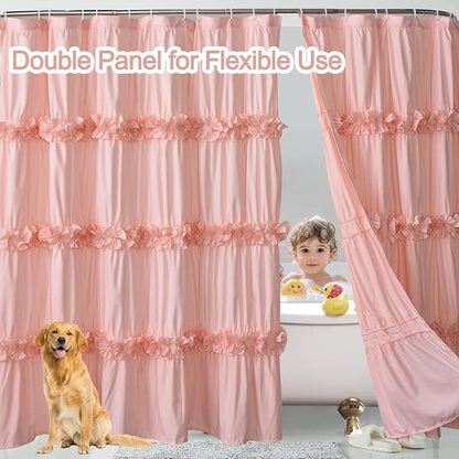 Homechoice Decor 2-Piece Peach Shower Curtain Set, Soft Fabric Double Panels for Easy Access, Cozy Brushed Texture, Ruffle Design, Everyday Bathroom Décor, 72" W x 96" H x 2 Panels (LQ-44)