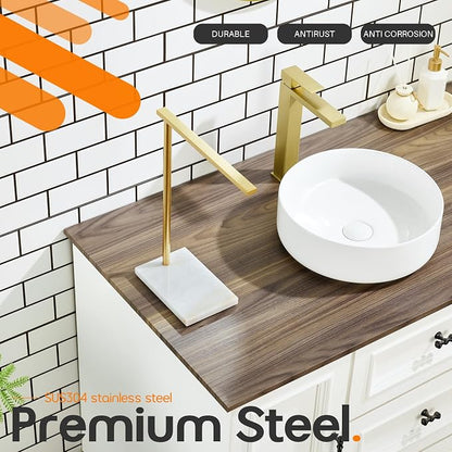 Hand Towel Bar for Bathroom Vanity Countertop 1-Tier Towel Holder Free Stand with Heavy Marble Base Thicken Steady, Gold Stainless Steel AN7002GD