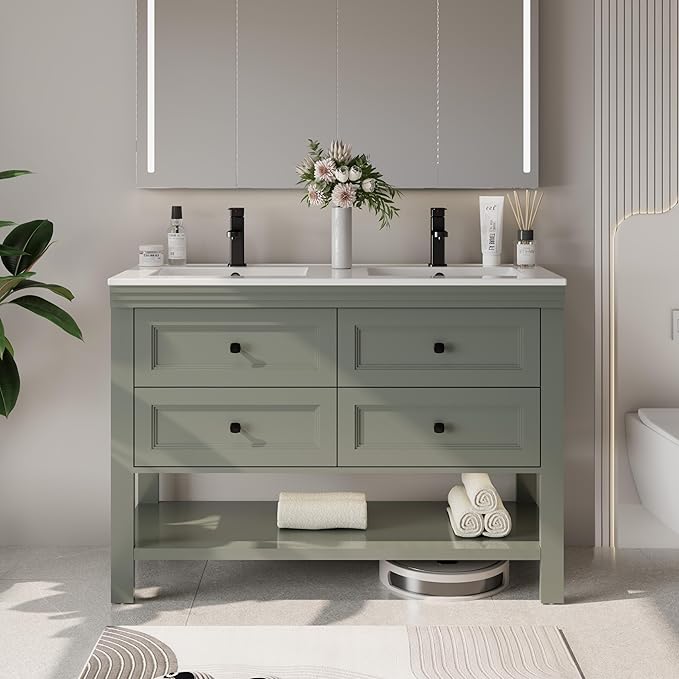 eclife 48" Bathroom Vanity with Sink Combo, Modern Painted Vanities Cabinet with Big Drawers, Opening Bottom Shelf, Raised Foot Pads, Include Undermount White Sink, Faucet & Drain, Green