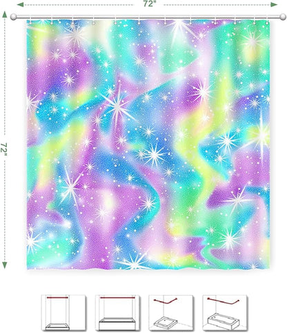 Rainbow Shower Curtain Holographic Gradient Colorful Kids Shower Curtain for Bathroom, Waterproof Polyester Machine Washable Home Decor Bath Curtains with Hooks, 72 x 72 Inch