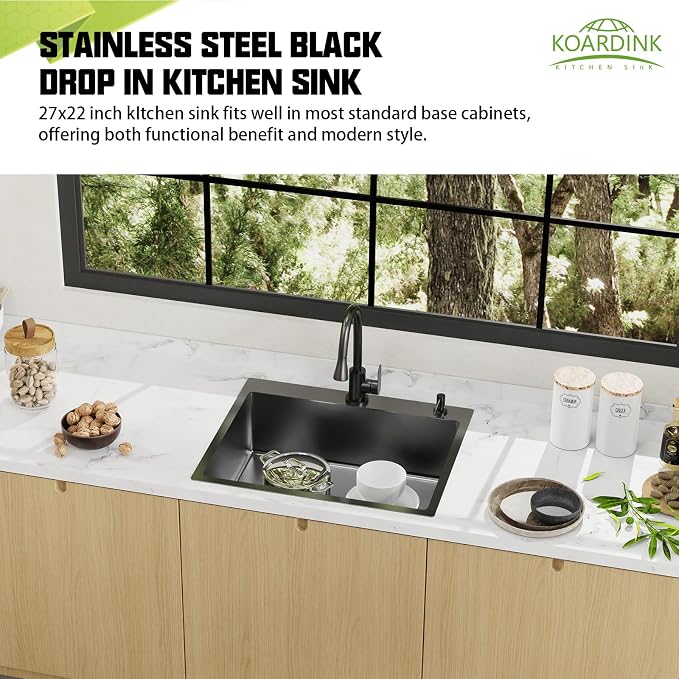 Black 27x22 Inch Drop In Kitchen Sink-Stainless Steel Topmount Modern Single Bowl Large Kitchen And Bar Sink Come With Silicon Mat,Drain Strainer Set Compatibility With Various Kitchen&Bar Style