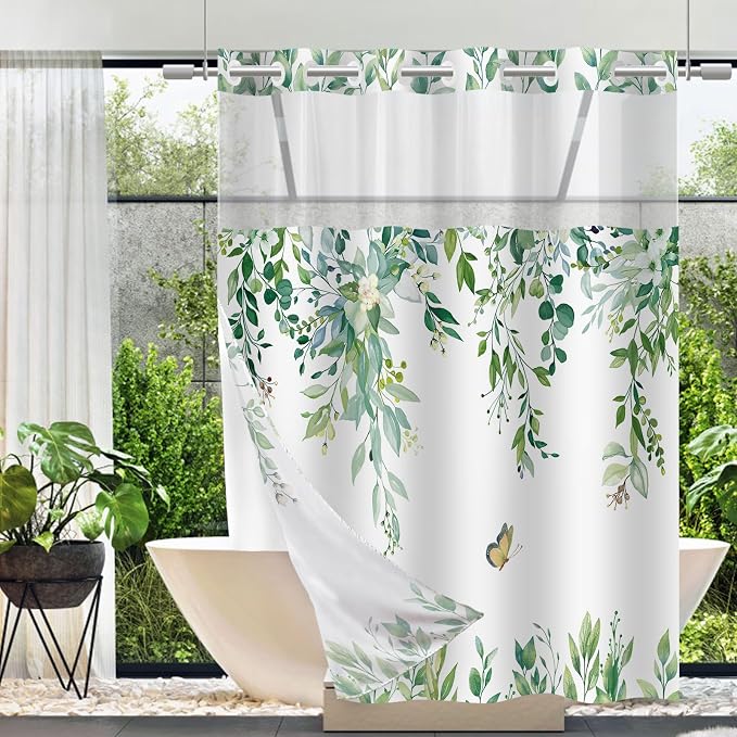 No Hook Shower Curtain and Liner Set, Light Green Eucalyptus 71x84 | Floral Design, with Snap in Liner, See-Through Top Window, Waterproof, Machine Washable, Quick-Drying, for Hotel Bathroom