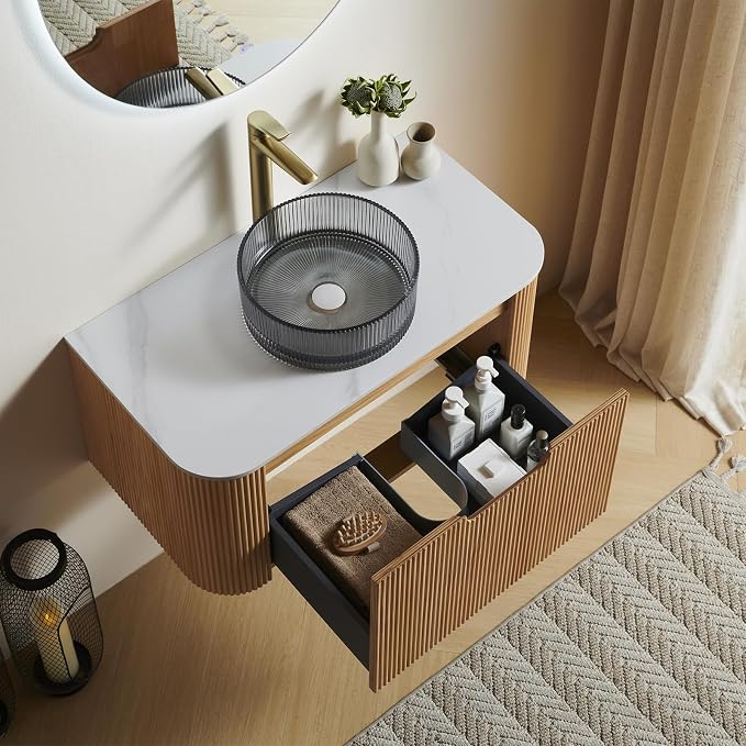 36" Floating Bathroom Vanity with Sink, Nature Wood Plywood Base | Plywood Cabinet, Single Sink, Doubel Sink, Ceramic Basin & Marble Countertop, Pre-Assembled