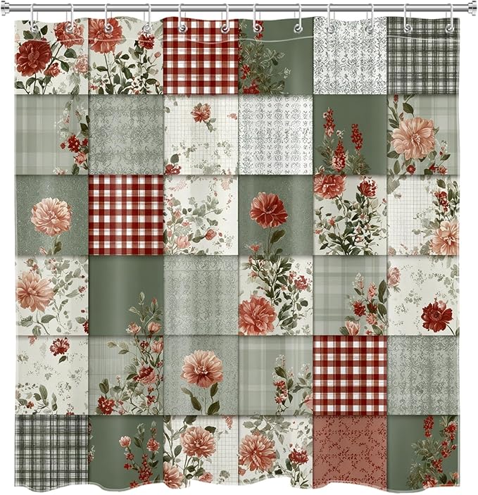 Farmhouse Country Patchwork Shower Curtain for Bathroom Boho Floral Plaid Vintage Rustic Cottagecore Bathroom Decor Pink Green Flower Fabric Bath Curtain with 12 Hooks, 72x72 Inch